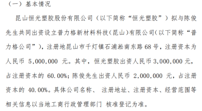 恒光塑胶拟投资300万设立普力格新材料科技（昆山）有限公司 持股60%  第1张