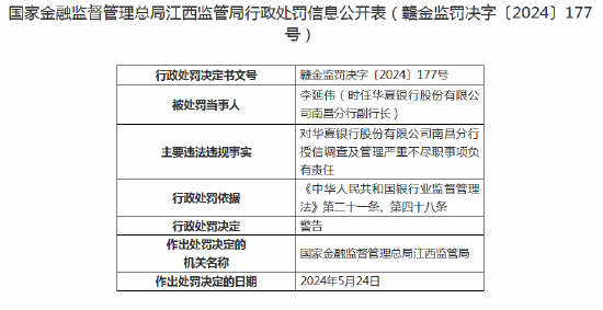 华夏银行南昌分行被罚款40万元：因授信调查及管理严重不尽职