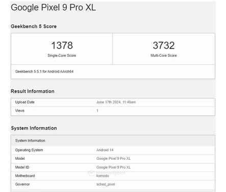 谷歌Pixel 9 Pro XL跑分曝光：搭载全新Tensor 4芯片