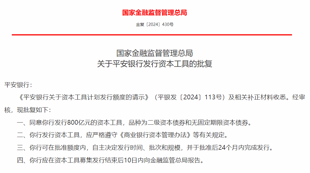 金融监管总局批复！平安银行获批发行800亿元资本债