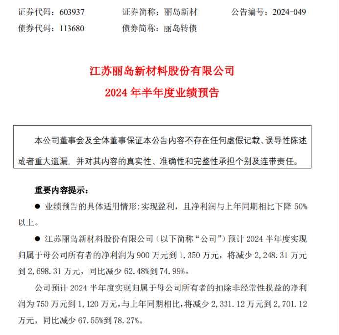 丽岛新材2024年上半年预计净利900万-1350万 精整切割、来料加工业务销量下降