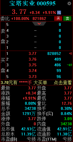 宝塔实业一字涨停 公司拟收购宁夏电投新能源有限公司100%股权