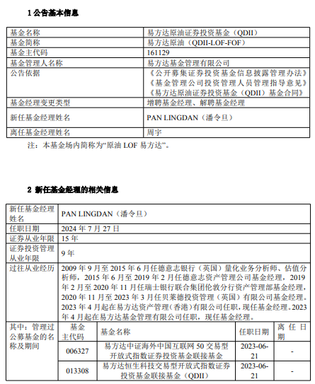 易方达原油、易方达黄金基金经理周宇离任 新任潘令旦为基金经理 曾多次发溢价风险公告