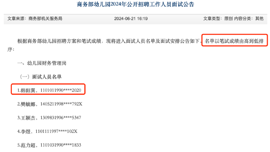建信基金韩阳翼跳槽商务部幼儿园 笔试成绩排名第一