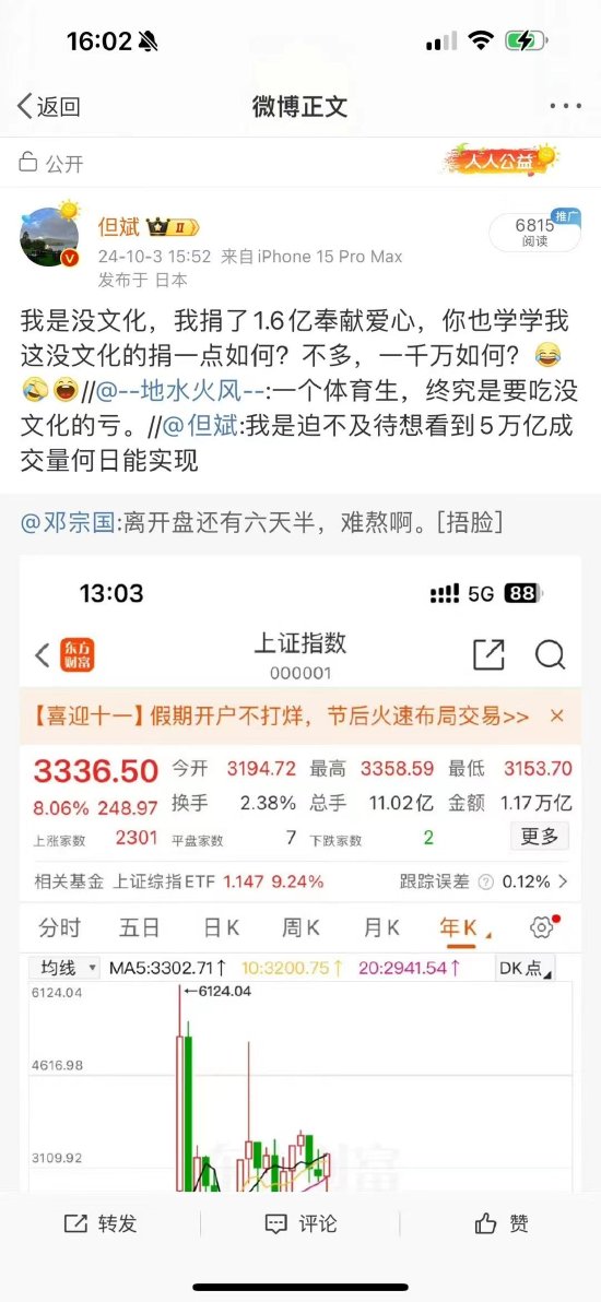 因为行情，但斌微博“回怼”粉丝：我捐了1.6亿奉献爱心 你也学学我这没文化的捐一点如何？  第1张