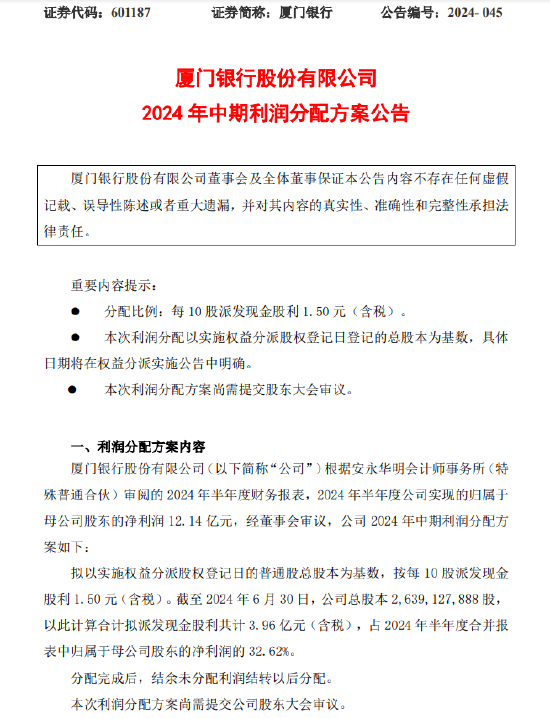 厦门银行：拟每10股派发现金股利1.50元  第1张